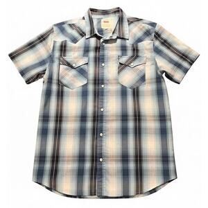 Levis Pearl Snap Shirt Mens Large Western Short Sleeve Blue Plaid Chest Pockets